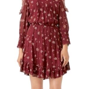 Joie silk dress open shoulder floral maroon